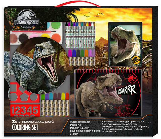 Set de colorat cu mâner, cu șabloane, autocolante, cu album, bloc spiralat A4 și multe markere, pasteluri, acuarele, pensule etc. Jurassic World 54x47x3