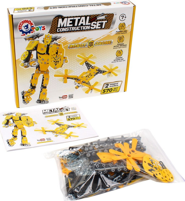 Constructor metalic 31 x 25 x 5 cu șuruburi, piulițe și unelte pentru fabricarea unui robot și a unei drone, 570 de piese, cu asistență pe Youtube