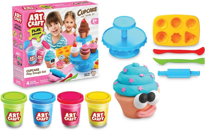 Set de plastilină pentru brioșe, 4 x 56 gr, plastilină și matriță și unelte, 32 x 65 x 25