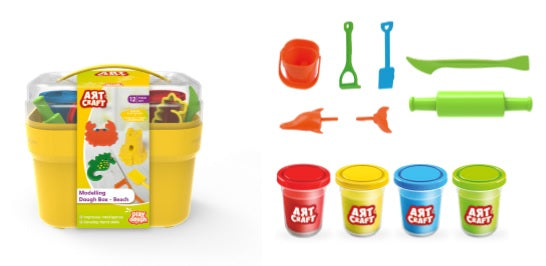 Plastilina K-T Beach în găleată, 4 culori, 226 gr., 8 buc., matrițe 15x12x15