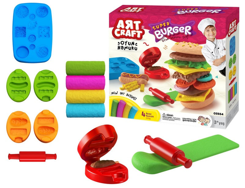 Plastilina Super Hamburger K-T 4x50 gr cu 2 matrițe și rolă și matriță mare 22x6x22