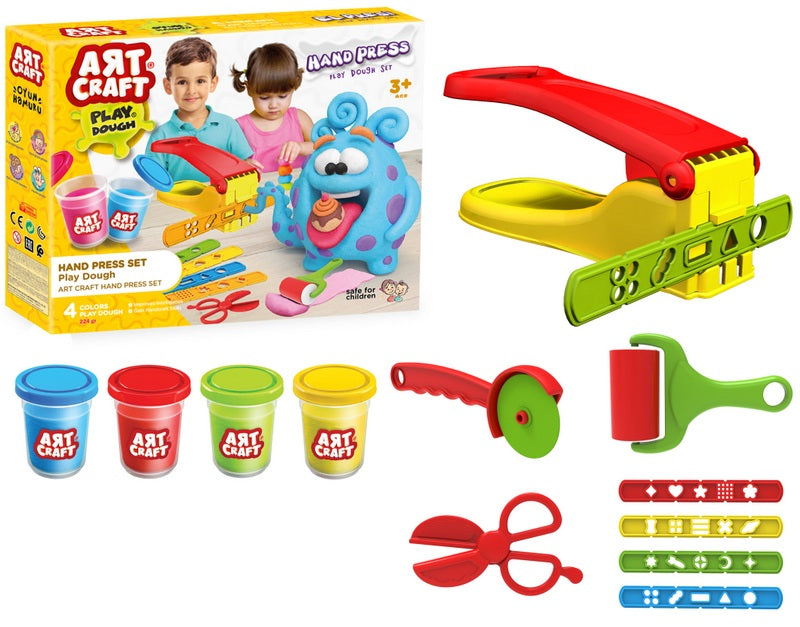 Set plastilină cu presă 4x56 gr cu 8 instrumente