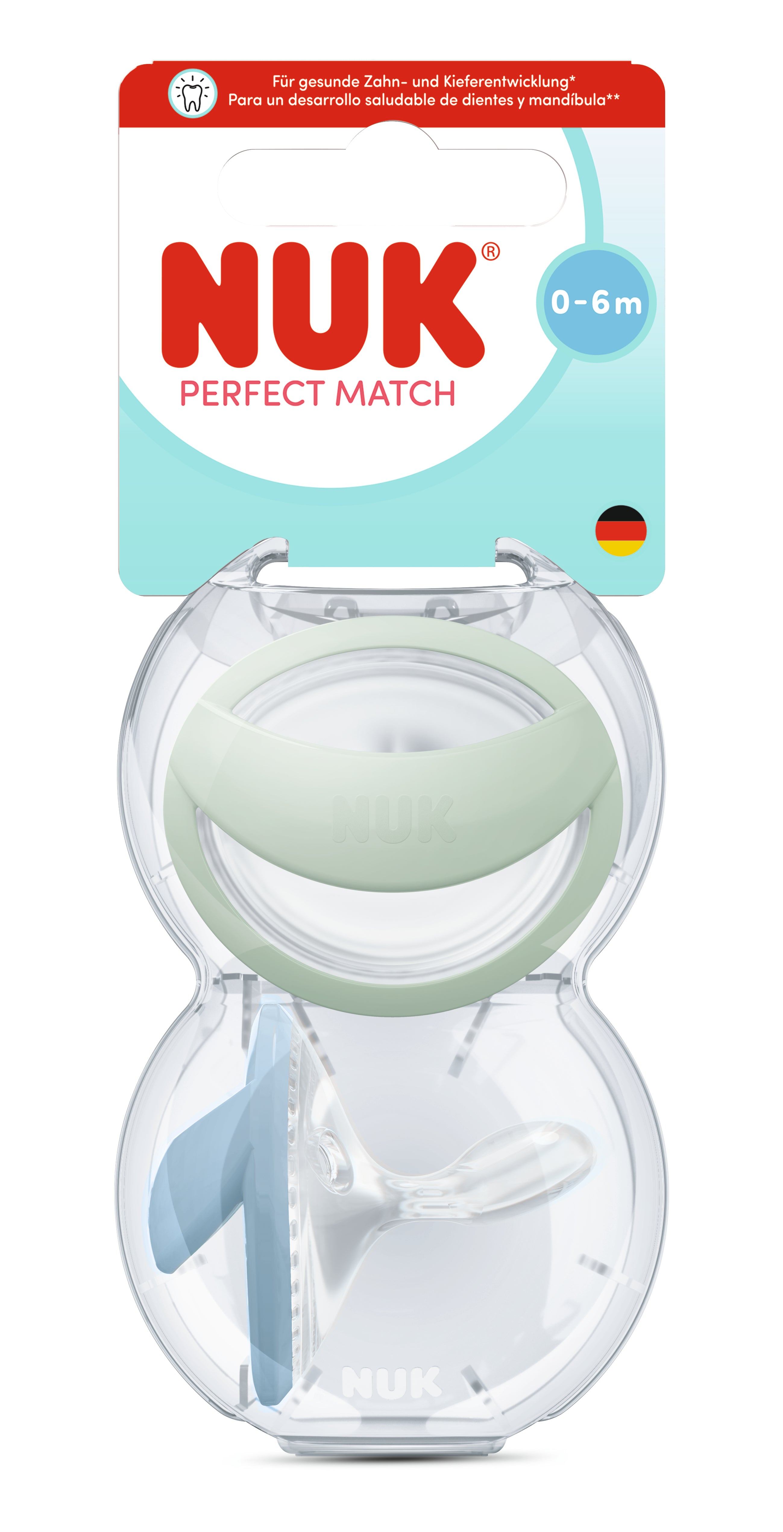 Perfect Match Биберон Залъгалка, Силикон 0 6 Мес., 2 Бр. Mommy Feel, Зелена Синя + Кутийка За Съхранение И Стерилизация В Микровълнова Nuk