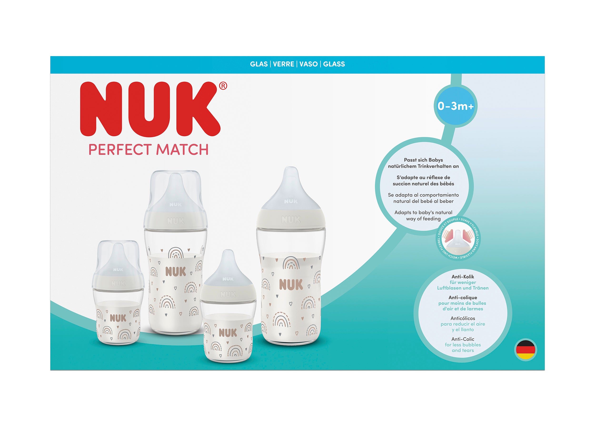 Perfect Match Сет 5 Стъклени Шишета 2х120мл. + 2х230мл.+ Допълнителен Биберон За Хранене Flow Control1бр. Nuk