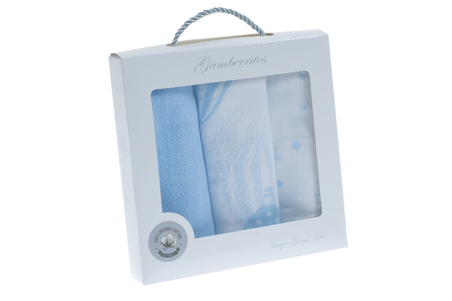 Set scutece Gamberritos din muselină, 3 bucăți, 70x70, albastru