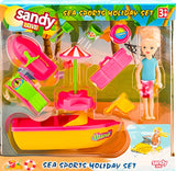 Păpușa Sandy pe plajă cu barcă cu motor și umbrelă 34x25x6