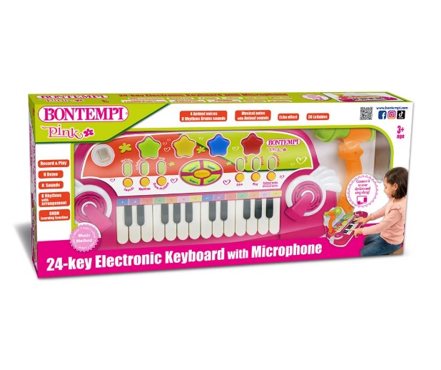 Bontempi - Електронен Синтезатор 24 Клавиша С Микрофон, Розов