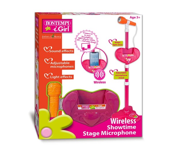 Bontempi - Безжичен Микрофон За Сцена Със Светеща Стойка, Розов
