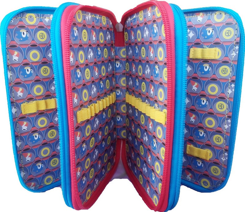 Geantă de toaletă Sonic 21 x 15 x 8 cu 3 fermoare cu 3 compartimente cu spații pentru 43 de pixuri și creioane, 3 spații pentru o linie, o ascuțitoare și o radieră etc.