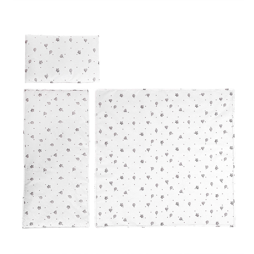 Сет За Дет Количка Летен Ранфорс Сиво Влакче --- BebeMama