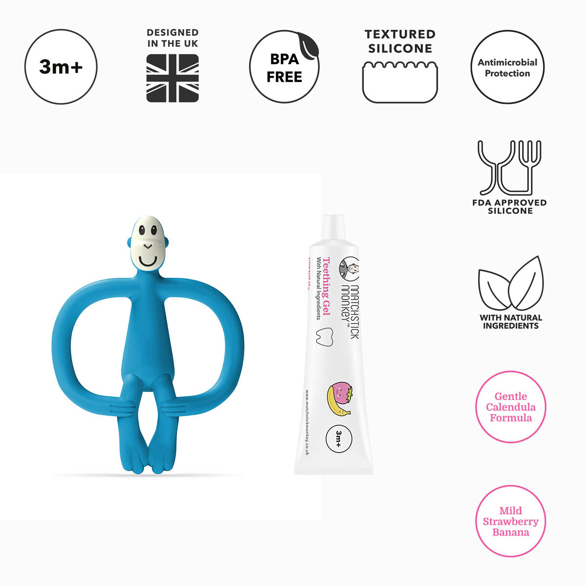 Matchstick Monkey Чесалка С Апликатор И Гел За Никнещи Зъбки -Blue