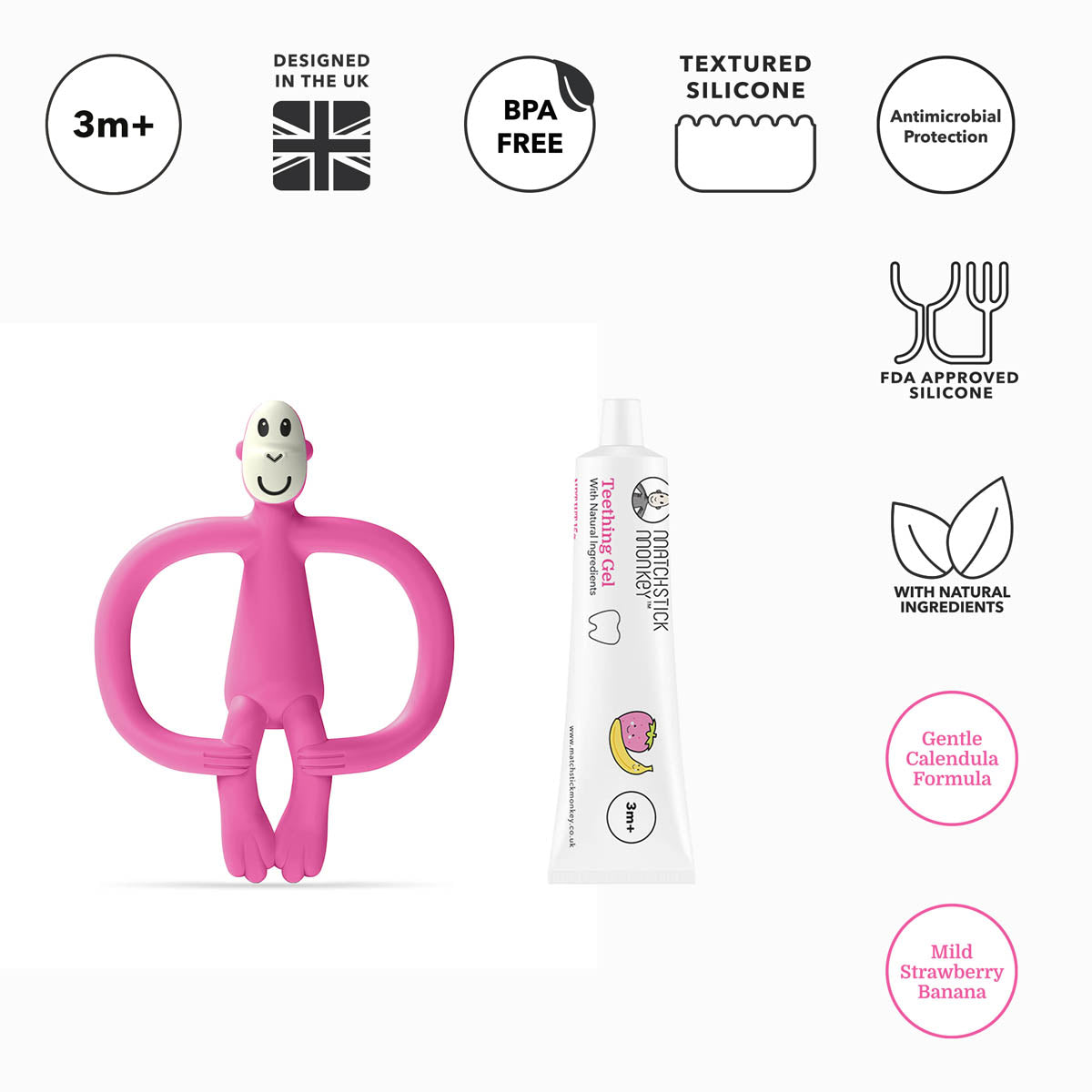 Matchstick Monkey Чесалка С Апликатор И Гел За Никнещи Зъбки -Pink