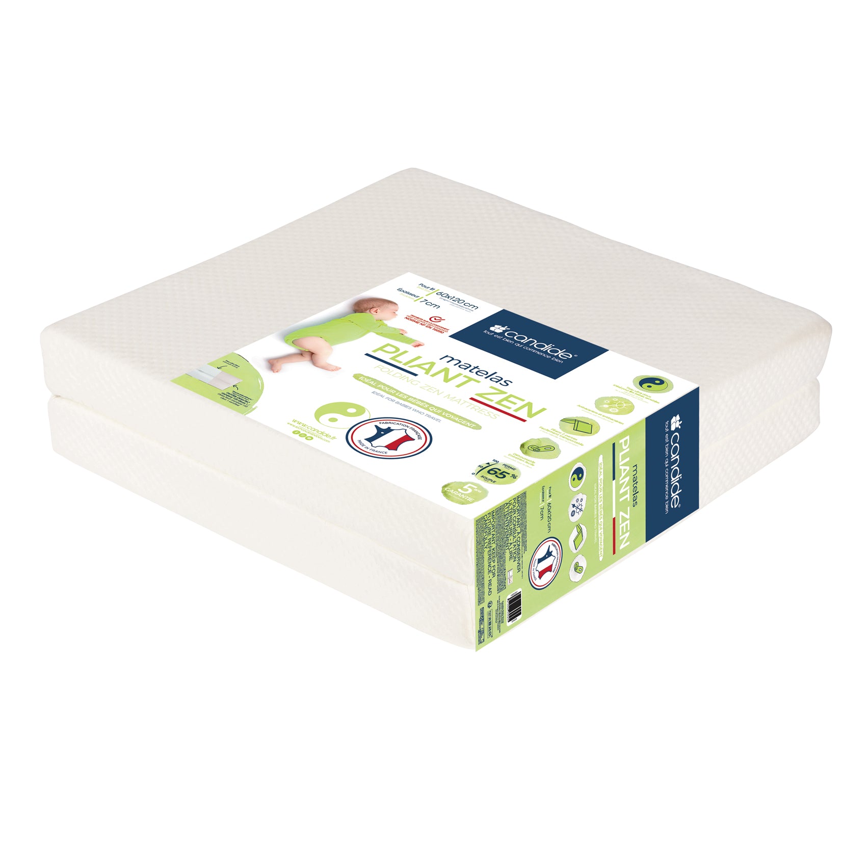 Saltea pliabilă pentru bebeluși Zen din 2 părți cu husă din bambus 60x120cm (grosime 7cm) Candide