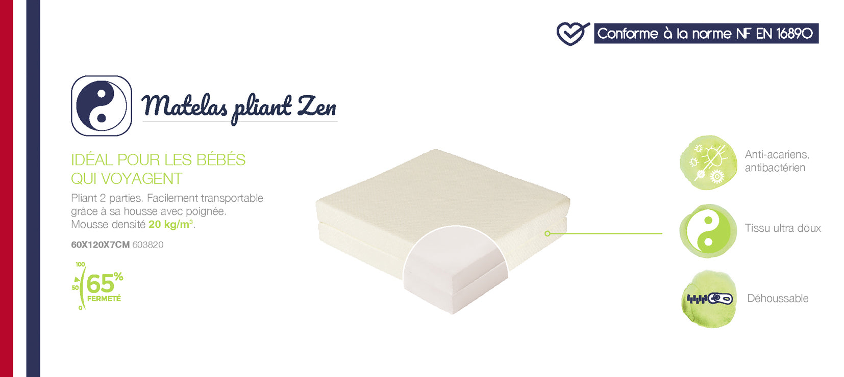 Saltea pliabilă pentru bebeluși Zen din 2 părți cu husă din bambus 60x120cm (grosime 7cm) Candide