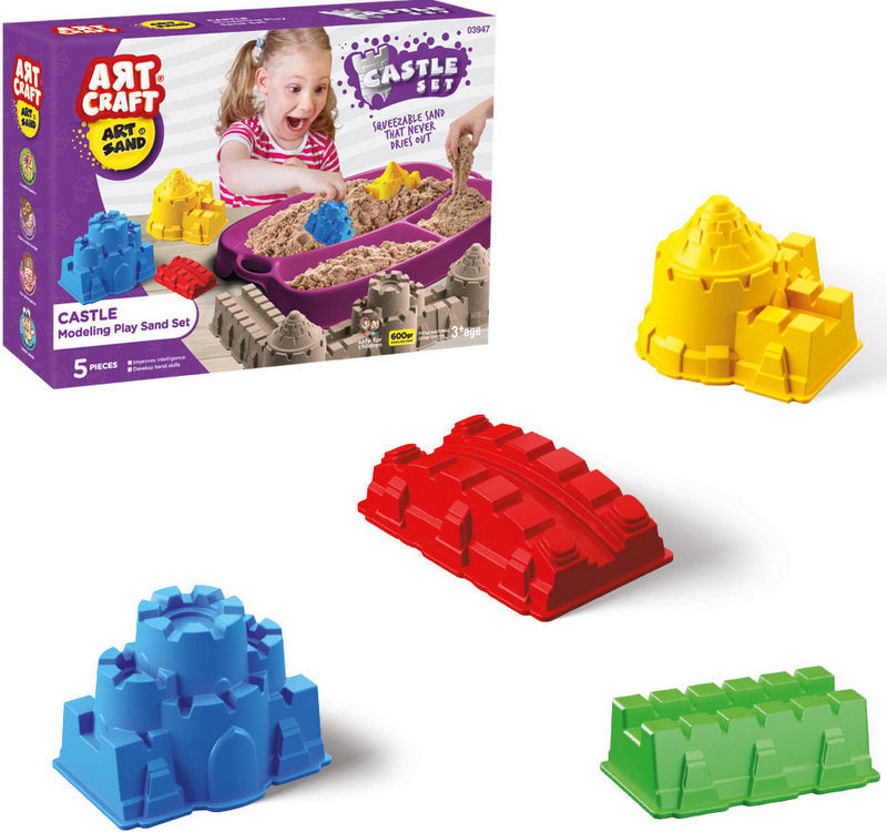 Set de nisip kinetic, creează-ți propriul castel și nisip kinetic de 600 gr, 4 matrițe și 1 cutie de lucru, 4 indicatoare rutiere și teren de joc 43x7x27