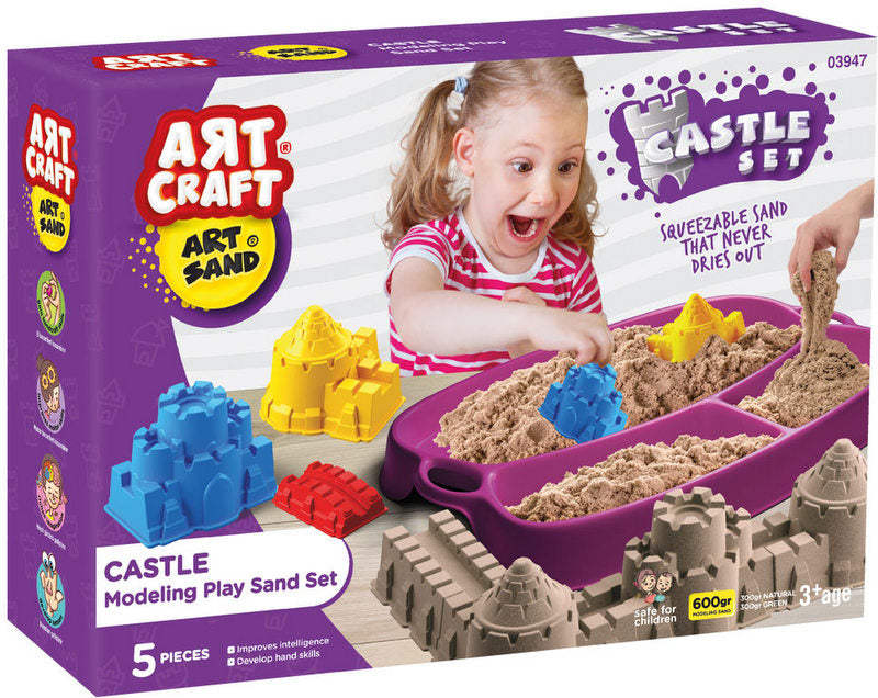 Set de nisip kinetic, creează-ți propriul castel și nisip kinetic de 600 gr, 4 matrițe și 1 cutie de lucru, 4 indicatoare rutiere și teren de joc 43x7x27