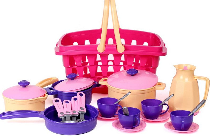 Set de bucătărie tip coș cu oale și tigăi 37x27x17 cm