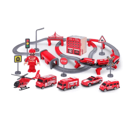 Trenuleț mare pentru copii Sonne Fire Mix cu cărucioare, 92 de piese