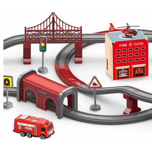 Trenuleț mare pentru copii Sonne Fire Mix cu cărucioare, 92 de piese