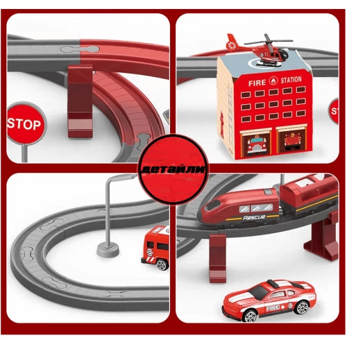 Trenuleț mare pentru copii Sonne Fire Mix cu cărucioare, 92 de piese