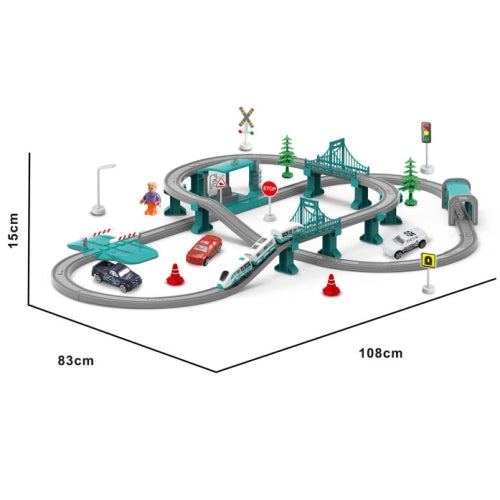 Trenuleț pentru copii cu 104 piese în culoarea mentă și indicatoare rutiere