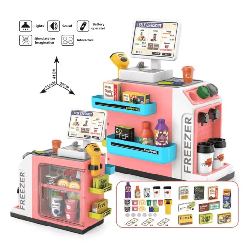 Supermarket roz pentru copii cu aparat de cafea și accesorii