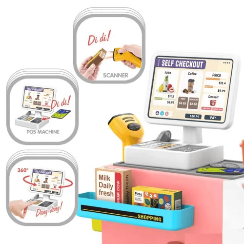 Supermarket roz pentru copii cu aparat de cafea și accesorii