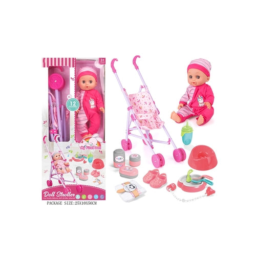 Păpușă pentru copii cu accesorii Cărucior pentru păpuși