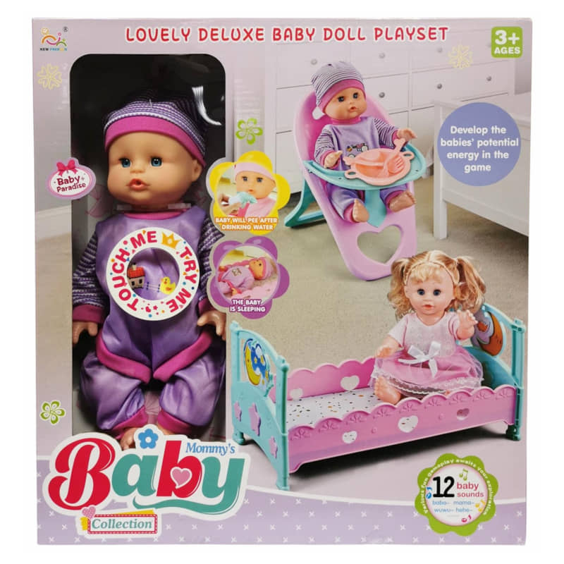 Baba 13 hüvelykes, ággyal, etetőszékkel, kiegészítőkkel, Raya Toys