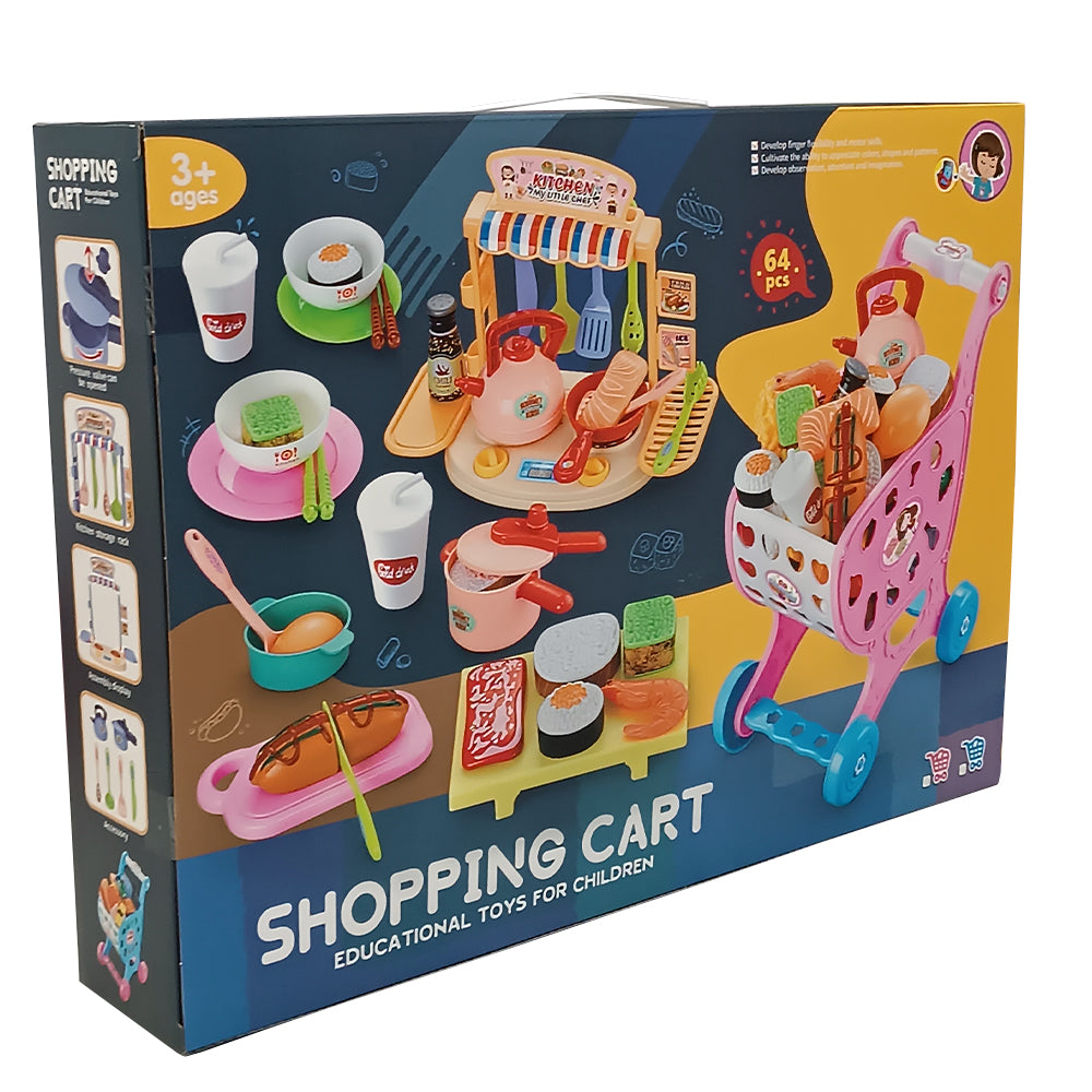 Пазарска Количка С Кухня 64 Части Розова Raya Toys