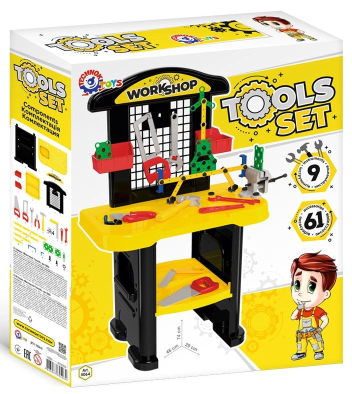 Atelier cu menghină 41X17X60, dimensiuni produs 74 X 46 X 29, cutie 58 X 49 X 15, cu constructor și unelte, 70 de piese.