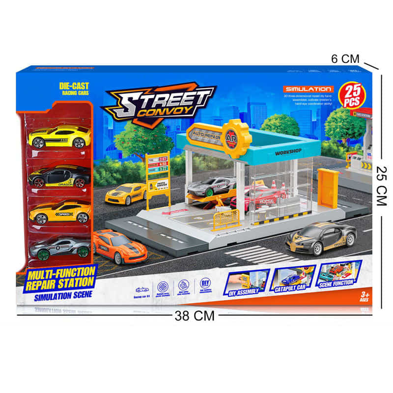 Autószerviz 4 darab fém kisautóval Raya Toys