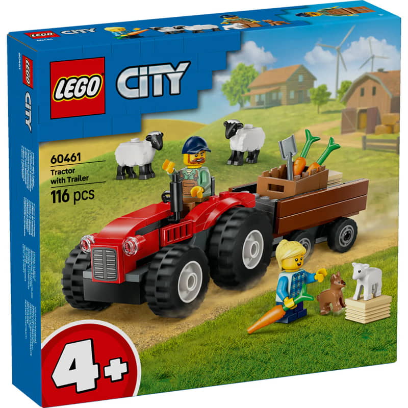 Lego piros farmtraktor pótkocsival és báránnyal