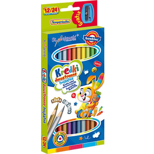 Creioane colorate cu două fețe, 12 buc/24 de culori, cu ascuțitoare, model iepure
