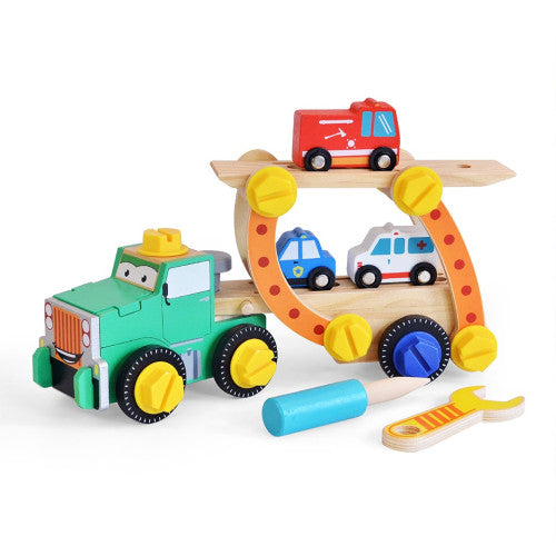 Дървен Камион - Конструктор С Пожарна, Линейка И Полицейска Кола