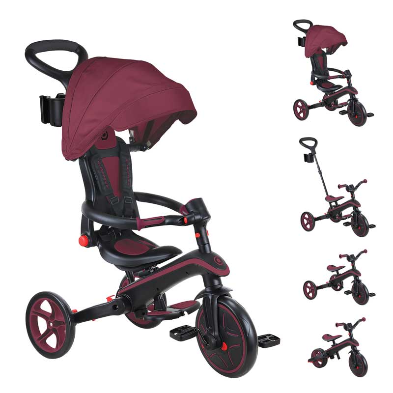 Tricicletă pentru copii 4 în 1 Globber Explorer, pliabilă, culoare vișinie