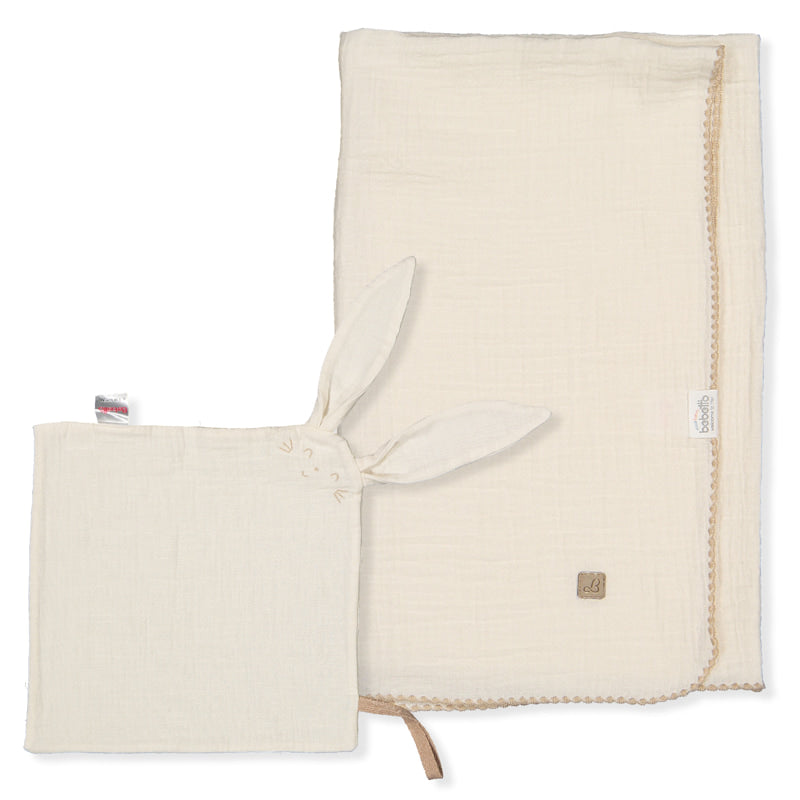 B838 Muszlin takaró és párnahuzat Hello Ecru 80 és 25 cm Bebetto