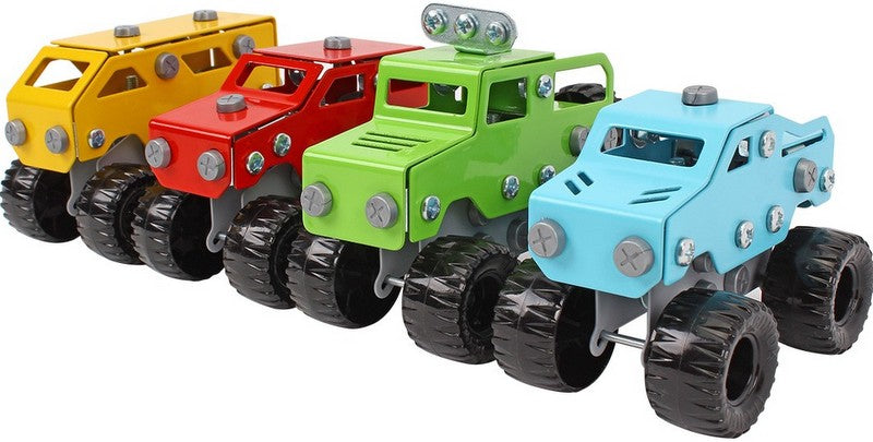 Constructor metalic 30 x 25 x 5 cu șuruburi, piulițe și unelte pentru realizarea a 4 tipuri de Jeep-uri, 370 de piese cu asistență pe Youtube