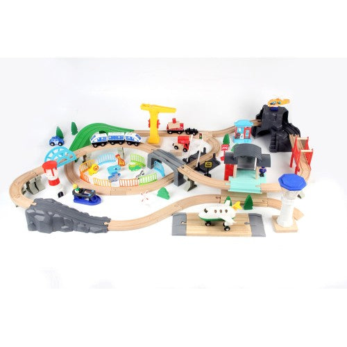 Tren din lemn cu șine, aeroport și port – 100 de elemente