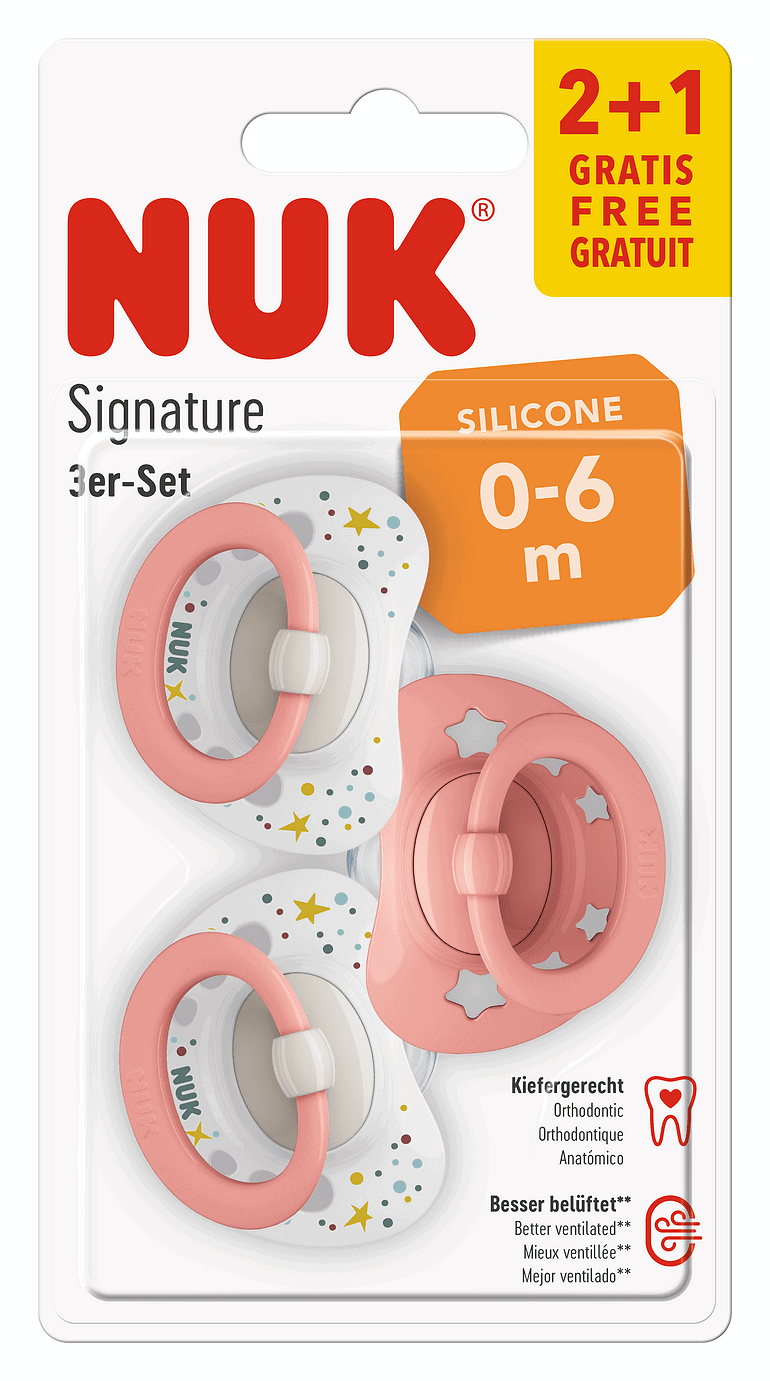 Nuk Биберон Залъгалка Силикон 0-6 Мес. 2+1 Бр. Signature - Бял/Розов --- BebeMama
