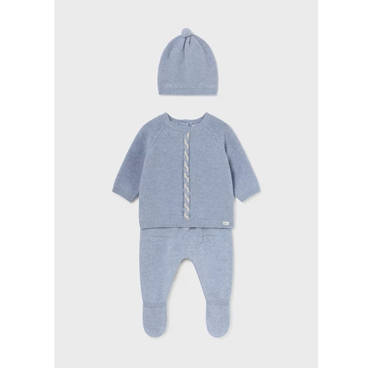 Set de salopetă și căciulă tricotată albastră 0-1