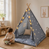 Детска Памучна Палатка Little Stars, Типи, Сива Със Звезди, 100% Памук, С Мека Подложка С Пълнеж, Възглавница И Led Лампички, 120x120x160 См Ginger Home