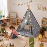 Детска Памучна Палатка Little Stars, Типи, Сива Със Звезди, 100% Памук, С Мека Подложка С Пълнеж, Възглавница И Led Лампички, 120x120x160 См Ginger Home