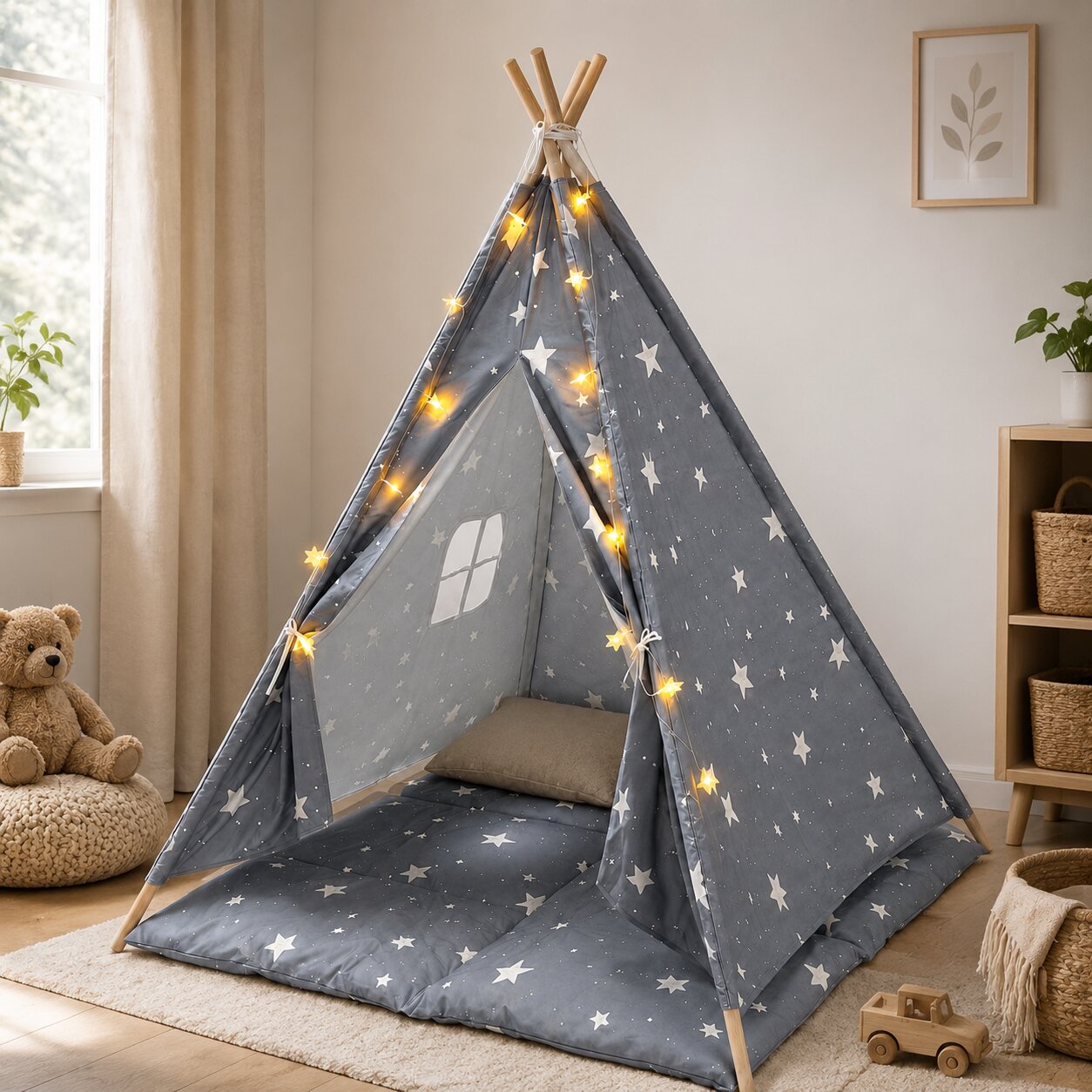 Детска Памучна Палатка Little Stars, Типи, Сива Със Звезди, 100% Памук, С Мека Подложка С Пълнеж, Възглавница И Led Лампички, 120x120x160 См Ginger Home