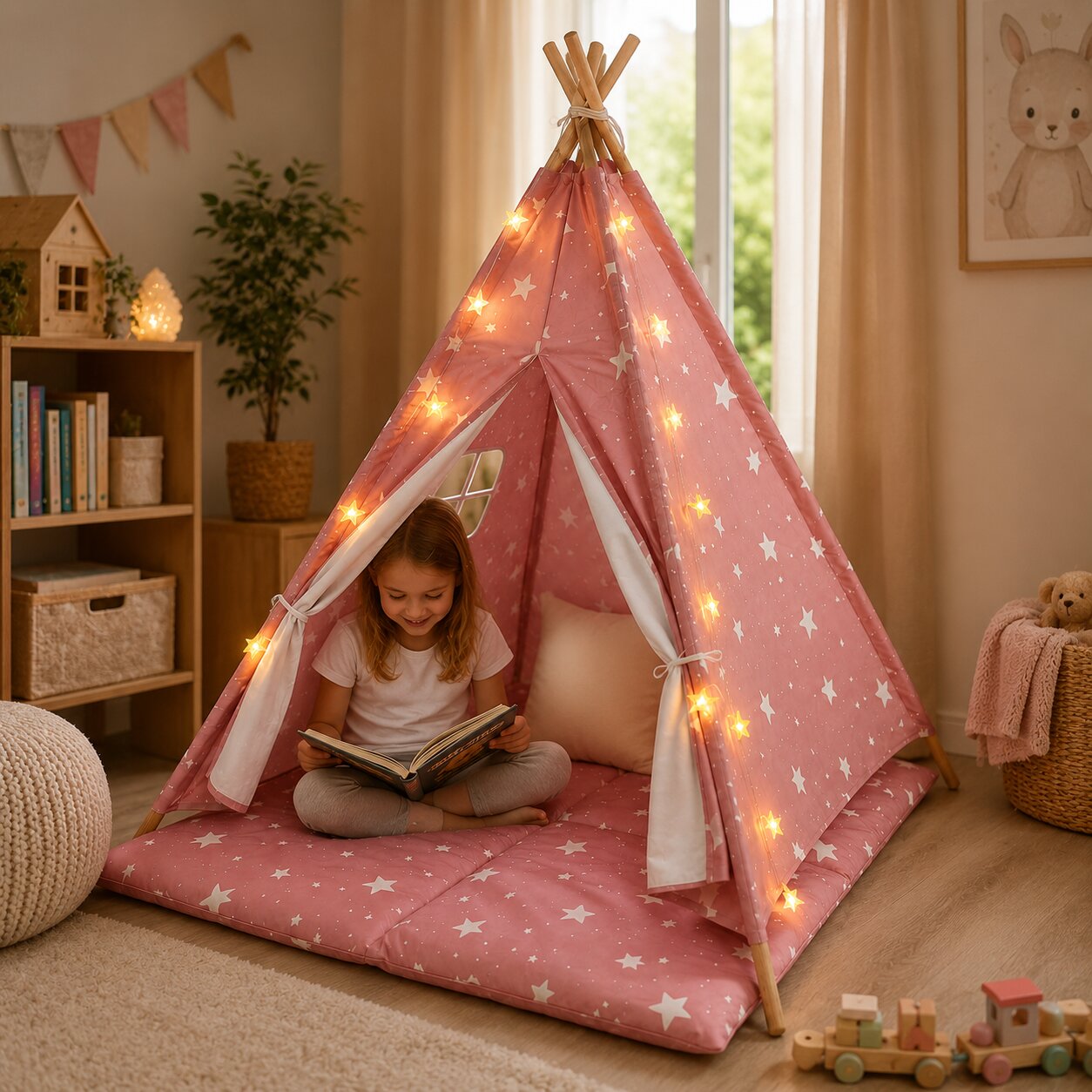 Детска Памучна Палатка Little Stars, Типи, Розова Със Звезди, 100% Памук, С Мека Подложка С Пълнеж, Възглавница И Led Лампички, 120x120x160 См Ginger Home