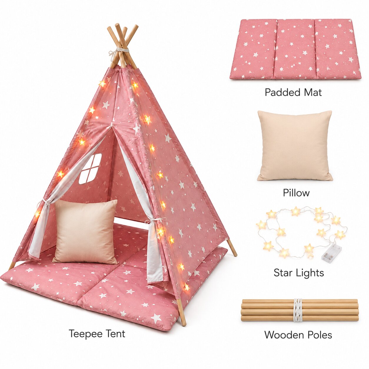 Детска Памучна Палатка Little Stars, Типи, Розова Със Звезди, 100% Памук, С Мека Подложка С Пълнеж, Възглавница И Led Лампички, 120x120x160 См Ginger Home