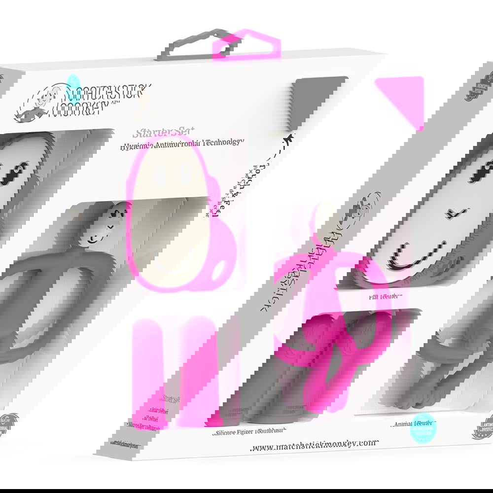 Matchstick Monkey Teething Starter Set Комплект Силиконови Чесалки С Антимикробна Технология - Pink --- BebeMama