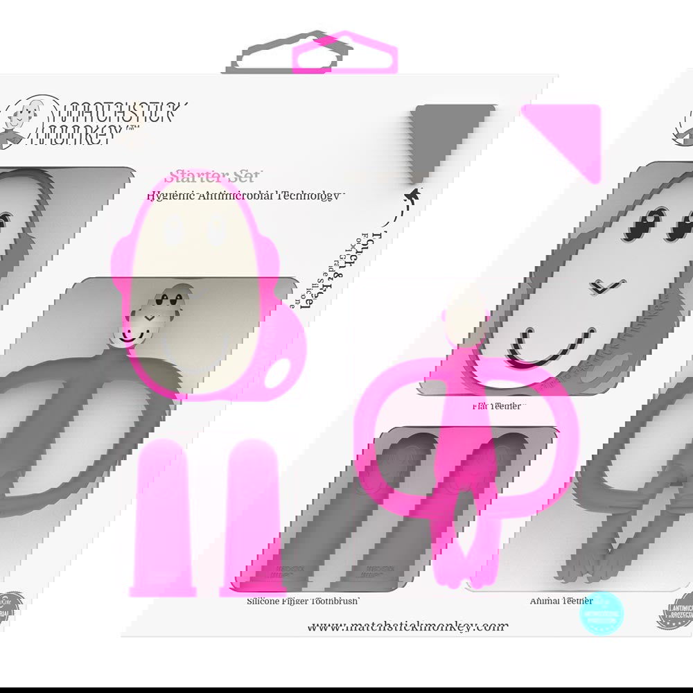 Matchstick Monkey Teething Starter Set Комплект Силиконови Чесалки С Антимикробна Технология - Pink --- BebeMama