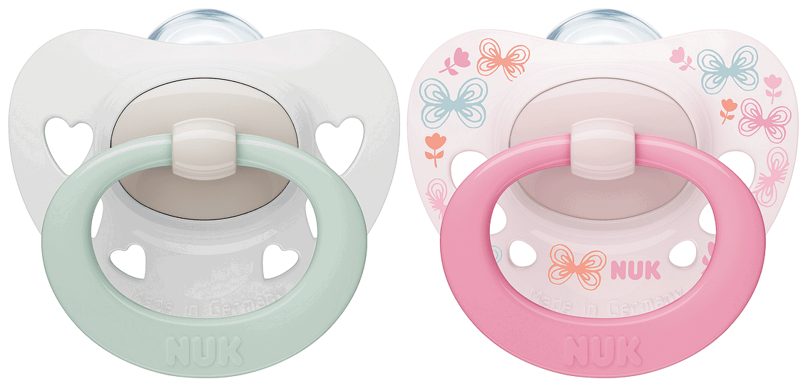 Nuk Биберон Залъгалка Силикон 0-6 Мес. 2 Бр. Signature + Кутийка За Съхранение И Стерилизация В Микровълнова - Момиче --- BebeMama