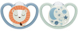 Nuk Биберон Залъгалка Силикон 0-6Мес. 2Бр. Space Night Светеща Лъв + Кутийка За Съхранение И Стерилизация В Микровълнова --- BebeMama